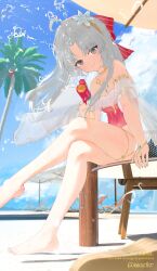 1girl ahoge aisu_(aicetkr) aqua_eyes artistic_error bare_shoulders barefoot blue_sky bow carlotta_(splashing_summer)_(wuthering_waves) carlotta_(wuthering_waves) closed_mouth commentary crossed_legs day feet flower from_side grey_hair hair_bow hair_flower hair_ornament highres holding holding_water_gun jewelry legs long_hair looking_at_viewer necklace off-shoulder_one-piece_swimsuit off_shoulder official_alternate_costume one-piece_swimsuit outdoors parted_bangs pink_bow pink_one-piece_swimsuit sidelocks sitting sky smile solo striped_bow swimsuit thighs toes water_gun white_flower wuthering_waves