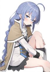 Rule 34 | 1girl, :/, ahoge, ai-assisted, blue hair, blush, braid, closed mouth, coat, dot nose, flat chest, highres, kobisi, long hair, long sleeves, looking at viewer, model request, mushoku tensei, roxy migurdia, sidelocks, simple background, single braid, sitting, very long hair, white background