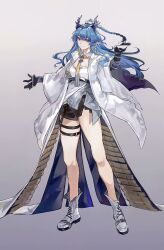 1girl arknights bare_legs biewai69335 black_gloves black_shorts blue_eyes blue_hair boots braid breasts coat colored_extremities dragon_girl dragon_horns earrings full_body gloves gradient_background grey_background highres horns jewelry large_breasts leg_ribbon ling_(arknights) long_hair long_sleeves looking_at_viewer necktie open_clothes open_coat pointy_ears ribbon shirt short_shorts shorts smile solo standing thigh_strap white_coat white_shirt wide_sleeves yellow_necktie