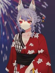 1girl animal_ear_fluff animal_ears blurry blurry_background blush breasts collarbone commentary english_commentary extra_ears eyeshadow facial_mark fireworks forehead_mark fox_ears fox_girl grey_hair hair_bun hair_ornament hair_stick highres japanese_clothes kimono kitunekun404 looking_ahead makeup medium_breasts mixed-language_commentary nijisanji nijisanji_en nina_kosaka obi red_eyeshadow red_kimono sash single_hair_bun smile solo virtual_youtuber yukata