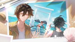 1girl 2boys absurdres alternate_costume black_hair black_tank_top brown_hair brown_jacket cellphone closed_mouth crop_top earrings eyewear_on_head genshin_impact hair_between_eyes highres hitohachan holding holding_phone hu_tao_(genshin_impact) jacket jewelry long_hair multicolored_hair multiple_boys phone photo_(object) red_shorts shirt short_hair shorts single_earring smartphone sunglasses tank_top v white_shirt xiao_(genshin_impact) yellow_eyes zhongli_(genshin_impact)