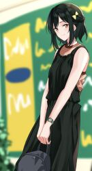Rule 34 | 1girl, 89ru0, absurdres, backpack, bag, bare shoulders, black bag, black dress, black hair, blurry, blurry background, bow, braid, commentary, dress, feet out of frame, hair bow, half up braid, highres, holding, holding bag, long dress, love live!, love live! nijigasaki high school idol club, mifune shioriko, orange eyes, orange shirt, pinafore dress, shirt, sketch background, sleeveless, sleeveless dress, sleeveless shirt, solo, striped clothes, striped shirt, symbol-only commentary, yellow bow