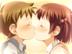 1boy 1girl ars_magna blush brown_hair child closed_eyes game_cg gradient_background hair_bobbles hair_ornament hairpin hetero kiss kodomo_doushi koutaro mizusawa_noel red_hair short_hair