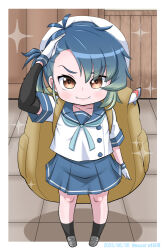 Rule 34 | 1girl, arm warmers, backpack, bag, black socks, blue hair, blue neckerchief, blue sailor collar, blue skirt, brown eyes, commentary request, fukae (kancolle), full body, gloves, gradient hair, hat, kantai collection, masara (chuujou), multicolored hair, neckerchief, pleated skirt, sailor collar, sailor hat, sailor shirt, salute, school uniform, serafuku, shirt, short hair, side ponytail, single arm warmer, skirt, socks, solo, sparkle, white gloves, white hat