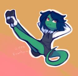 1girl :3 animal arms_up black_dress black_hair black_ribbon boots colored_skin crossed_legs drantyno dress furry gradient_background green_skin lizard lizard_tail long_sleeves looking_to_the_side neck_ribbon orange_background original pink_background pun_(drantyno) reptile_girl ribbon shirt short_hair sitting sleeveless sleeveless_dress smile tail two-tone_background white_boots white_shirt yellow_eyes