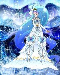 1girl :d absurdly_long_hair aqua_hair artist_request blue_eyes blue_hair commentary cure_mermaid cure_mermaid_(dress_up_premium) cure_mermaid_(mode_elegant) dress earrings english_commentary eyelashes go!_princess_precure gradient_hair hair_ornament happy highres jewelry kaidou_minami long_hair looking_at_viewer magical_girl multicolored_hair necklace official_art open_mouth precure purple_hair smile solo standing third-party_source very_long_hair white_dress