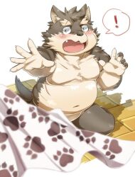 ! 1boy animal_ears bad_id bad_twitter_id blush brown_fur claws completely_nude convenient_censoring dog_boy dog_ears dog_nose dog_tail facial_scar fang furry furry_male implied_nudity kneeling looking_to_the_side male_focus moritaka_(housamo) nikiciy nude open_mouth outstretched_hand paw_print scar scar_across_eyebrow scar_on_cheek scar_on_face scar_on_nose speech_bubble spoken_exclamation_mark tail tokyo_houkago_summoners towel wide-eyed