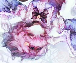 1girl 3n_(artist) black_bow black_eyes bow choker commentary_request detached_sleeves expressionless frilled_sleeves frills highres komeiji_satori looking_at_viewer lying on_back pink_eyes pink_hair pink_ribbon ribbon short_hair simple_background solo touhou upside-down white_background