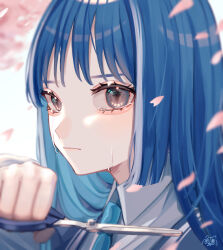 1girl aegyo_sal blue_hair blue_necktie blurry cherry_blossoms closed_mouth collared_shirt colored_inner_hair commentary_request depth_of_field frown grey_eyes highres holding holding_scissors long_hair looking_at_viewer multicolored_hair necktie original scissors shirt signature solo streaked_hair tears white_hair white_shirt yoruse