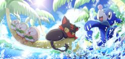:d alternate_color black_eyes bright_pupils closed_eyes cloud commentary_request day gen_7_pokemon highres litten nintendo no_humans on_branch oooise open_mouth outdoors pokemon pokemon_(creature) pokemon_focus popplio rowlet shiny_pokemon signature sky smile splashing sun tongue water water_drop white_pupils