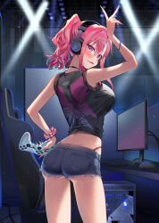 1girl aqua_nails ass black_choker black_shirt blue_shorts blush breasts choker cleavage computer computer_keyboard computer_mouse computer_tower controller crop_top cutoffs denim denim_shorts fang fingernails gal_gamer_ni_homeraretai game_controller geshumaro hair_between_eyes hair_ornament hairclip headphones highres holding holding_controller holding_game_controller indoors large_breasts long_fingernails long_hair looking_back median_furrow monitor nail_polish pink_eyes pink_hair pink_scrunchie ponytail scrunchie shirt shorts skin_fang sleeveless sleeveless_shirt solo stage_lights suzuki_rion swivel_chair thighs tongue v wrist_scrunchie wristband
