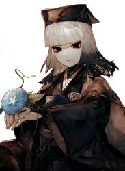 1girl absurdres albino_(a1b1n0623) black_eyes black_hair black_hat black_kimono blunt_bangs breasts fate/grand_order fate_(series) flower gradient_hair grey_hair hat highres japanese_clothes kimono long_sleeves looking_at_viewer medium_hair multicolored_hair obi sash sen_no_rikyu_(fate) sen_no_rikyu_(second_ascension)_(fate) small_breasts smile solo tassel wide_sleeves