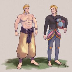 2boys baggy_pants barefoot belt blonde_hair brothers edgar_roni_figaro final_fantasy final_fantasy_vi highres hood hoodie male_focus multiple_boys muscular muscular_male pants ponytail ribbon sabin_rene_figaro sash shirtless_male siblings tayasigerson unworn_armor
