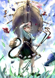 Rule 34 | 4girls, absurdres, animal ears, aqua capelet, black skirt, black vest, blue sky, dowsing rod, from below, full body, grass, grey hair, hakurei reimu, highres, holding, holding with tail, kirisame marisa, kochiya sanae, long sleeves, looking at viewer, mouse ears, mouse girl, mouse tail, multiple girls, nazrin, outdoors, palanquin ship, prehensile tail, red eyes, shading eyes, shirt, short hair, skirt, skirt set, sky, socks, solo focus, tail, tarutsu, touhou, undefined fantastic object, v-shaped eyebrows, vest, white shirt, white socks