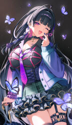 Rule 34 | 1girl, 8n0 g, ;d, ahoge, artist name, black background, black collar, black hair, black shirt, blunt bangs, blush, braid, breasts, bug, butterfly, buttons, chest tattoo, cleavage, closed umbrella, collar, collarbone, collared shirt, commentary request, corset, cowboy shot, cross-laced clothes, cross-laced corset, ear piercing, earrings, eyelashes, finger heart, fingernails, frilled skirt, frills, gold earrings, gradient necktie, green skirt, hair intakes, hand up, heart, highres, holding, holding umbrella, insect, jacket, jewelry, large breasts, linked piercing, long fingernails, long hair, long sleeves, looking at viewer, meloco kyoran, meloco kyoran (1st costume), multicolored hair, nail polish, necktie, nijisanji, nijisanji en, o-ring, o-ring thigh strap, one eye closed, open clothes, open jacket, open mouth, piercing, plaid clothes, plaid skirt, purple butterfly, purple corset, purple eyes, purple hair, purple jacket, purple nails, purple necktie, shirt, side braids, skirt, sleeves past wrists, smile, solo, standing, streaked hair, tattoo, thigh strap, twin braids, twitter username, umbrella, very long hair, virtual youtuber