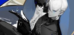 Rule 34 | 1boy, black gloves, black shirt, blue eyes, colored skin, earrings, fate/grand order, fate (series), gloves, grey skin, highres, indra (fate), inkenajellyfish, jewelry, lightning bolt facial mark, looking at viewer, male focus, shirt, short hair, smile, solo, white hair