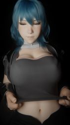 1girl 3d animated animated_gif black_background blue_eyes bouncing_breasts breasts female_byleth_(fire_emblem) clothes_grab clothes_lift facing_viewer female_focus fire_emblem green_hair half-closed_eyes j9006 large_breasts lifting_own_clothes long_hair looking_at_viewer navel nintendo nipples shirt_grab shirt_lift simple_background solo