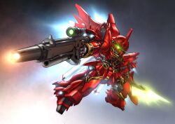 Rule 34 | absurdres, aiming, asymmetrical dual wielding, axe, beam rifle, chibi, chinese commentary, commentary request, dual wielding, energy axe, energy gun, energy weapon, exhaust, flying, glowing, glowing eye, green eyes, gun, gundam, gundam unicorn, highres, holding, holding axe, holding gun, holding weapon, horns, looking at viewer, making-of available, mecha, mecha focus, mobile suit, neo zeon, no humans, one-eyed, robot, science fiction, sd gundam, sinanju, single horn, solo, thrusters, weapon, zakuma