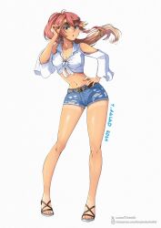 1girl absurdres ahoge artist_name bare_shoulders commentary crop_top curtained_hair dated denim denim_shorts earrings eiyuu_densetsu english_commentary floating_hair hair_between_eyes hand_on_own_hip highres holding holding_removed_eyewear instagram_logo instagram_username jeans jewelry judith_ranster kuro_no_kiseki_(series) long_hair looking_at_viewer multicolored_hair navel pants parted_bangs pink_hair ponytail sandals shirt shorts simple_background solo starfish_earrings streaked_hair sunglasses tachi-e tan tanline tied_shirt torn_clothes torn_jeans torn_pants tropicalsalad18 twitter_username twitter_x_logo unworn_eyewear watermark web_address white_background