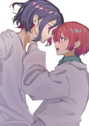 1boy 1girl amate_yuzuriha aqua_eyes blue_hair blush ch1wa_l0ve colored_inner_hair gundam gundam_gquuuuuux hand_on_another&#039;s_face hetero highres long_sleeves looking_at_another multicolored_hair open_mouth profile red_eyes red_hair school_uniform shirt short_hair shuji_ito simple_background sweater two-tone_hair upper_body white_background white_shirt