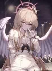 1girl angel_wings black_neckerchief blue_archive brown_eyes brown_hair chanwoo dress finger_to_mouth halo highres index_finger_raised looking_at_viewer nagisa_(blue_archive) neckerchief one_eye_closed pink_halo school_uniform serafuku solo white_dress white_serafuku white_wings wings