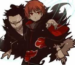 1boy akatsuki_uniform closed_mouth doll jewelry looking_at_viewer male_focus naruto_(series) naruto_shippuuden ninja red_eyes red_hair ring sasori_(naruto) short_hair simple_background solo third_kazekage white_background yosakuh