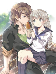 Rule 34 | 2boys, bench, blue skirt, blush, braid, brown eyes, brown hair, collarbone, commentary, crossdressing, crossdressing (mtf), feeding, food, gakuran, green shirt, green undershirt, grey eyes, grey hair, hair between eyes, highres, hijiyama takatoshi, holding, holding food, juusan kihei bouei ken, kneehighs, long hair, male focus, multiple boys, noodles, okino tsukasa, on bench, outdoors, park bench, pectoral cleavage, pectorals, pleated skirt, sailor collar, school uniform, shirt, sitting, sitting on lap, sitting on person, skirt, sleeves rolled up, smile, socks, trap, twin braids, wig, yakisobapan, yaoi, yoroi nau