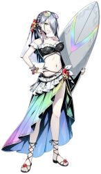 1girl artist_request bikini black_sandals bracelet breasts cleavage closed_mouth commentary_request duel_masters duel_masters_play&#039;s expressionless eyewear_on_head full_body grey_hair holding jewelry looking_at_viewer official_art rainbow_gradient sandals simple_background solo surfboard swimsuit transparent_background veil wedding_(duel_masters) yellow_eyes