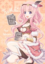 1girl absurdres breast_cutout character_name crop_top fur-trimmed_bracer fur-trimmed_skirt fur_trim gold_vambraces heart_collar highres holding_stone_tablet long_hair looking_at_viewer nattsu_(nattsu_shiro) on_one_knee open_mouth pink_hair princess_connect! purple_eyes sidelocks skirt solo stone_tablet teeth tsumugi_(geo_gehenna)_(princess_connect!) tsumugi_(princess_connect!) upper_teeth_only