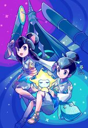 1boy 1girl :d absurdres arm_up black_hair brother_and_sister brown_footwear celesteela closed_mouth commentary_request ffccll gen_3_pokemon gen_7_pokemon glowing hair_bun highres jewelry jirachi legendary_pokemon liza_(pokemon) liza_(summer_2023)_(pokemon) looking_at_viewer mythical_pokemon necklace nintendo official_alternate_costume open_mouth pokemon pokemon_(creature) pokemon_masters_ex sandals shirt shorts siblings sidelocks smile tate_(pokemon) tate_(summer_2023)_(pokemon) tongue twins ultra_beast white_shirt white_shorts