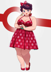 1girl akina_bbw bare_legs bare_shoulders blush bow breasts brown_hair cleavage commission dot_nose dress earrings eyeliner grey_background hair_bow hairband high_heels highres holding jewelry large_breasts legs_together lipstick looking_at_viewer makeup medium_dress mole mole_on_breast nintendo original plump poke_ball pokemon premier_ball purple_eyes red_bow red_dress red_footwear red_hairband red_lips red_nails short_hair simple_background sleeveless sleeveless_dress solo standing thick_arms thick_thighs thighs