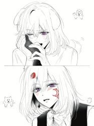 3girls animal_ears aver_(yumenokessho) bang_dream! bang_dream!_it&#039;s_mygo!!!!! blonde_hair blush commentary_request dog_ears dog_girl dog_tail doloris_(bang_dream!) dual_persona earrings fang food-themed_hair_ornament hair_between_eyes hair_ornament hand_on_another&#039;s_cheek hand_on_another&#039;s_face heart highres jewelry kemonomimi_mode medium_hair multiple_girls oblivionis_(bang_dream!) open_mouth parted_lips purple_eyes siy_(shengxiu760722) spoken_heart strawberry_hair_ornament tail togawa_sakiko yumenokessho