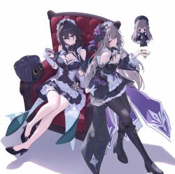 2girls absurdres alternate_costume apron bare_legs bare_shoulders bead_bracelet bead_necklace beads black_boots black_collar black_dress black_pantyhose black_shoes book boots bracelet breasts brown_hair chair cleavage closed_mouth collar commentary_request covered_navel criss-cross_halter critter_pick_(honkai:_star_rail) cup detached_sleeves dna dress earrings enmaided full_body gloves green_eyes hair_between_eyes hair_ornament halterneck headdress herta_(honkai:_star_rail) high_heels highres holding holding_cup honkai:_star_rail honkai_(series) jewelry knee_boots large_breasts legs long_hair looking_at_viewer maid maid_headdress medium_breasts multiple_girls necklace on_chair pantyhose parted_lips purple_eyes ruan_mei_(honkai:_star_rail) sasa_(sasa_ekakiman) shoes simple_background sitting smile teacup the_herta_(honkai:_star_rail) thigh_strap vase very_long_hair waist_apron white_background white_gloves