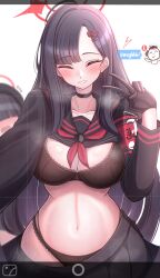 1other 2girls ^_^ absurdres armband doodle_sensei_(blue_archive) asymmetrical_bangs beret black_bra black_choker black_gloves black_hair black_headwear black_panties black_serafuku blue_archive blunt_bangs blush bra breasts breath choker cleavage closed_eyes clothes_lift clothes_pull collarbone covered_eyes english_text facing_viewer gloves grid hair_over_eyes halo hat highres ichika_(blue_archive) justice_task_force_member_(blue_archive) large_breasts laxiusart long_hair long_sleeves meme multiple_girls navel neckerchief panties pleated_skirt red_armband red_halo red_neckerchief school_uniform sensei_(blue_archive) serafuku shirt_lift simple_background skirt skirt_pull smile stomach straight_hair sweat text_messaging underwear uohhhhhhhhh!_(meme) v very_long_hair video_call white_background