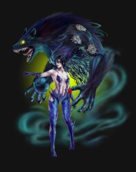 1girl 1other artist_request bandai_namco black_background black_hair breasts claws corruption dark_persona fangs feet full_body highres kazama_jun large_breasts lips open_mouth possessed possession purple_fur short_hair tekken tekken_2 unknown_(tekken) wolf yellow_eyes