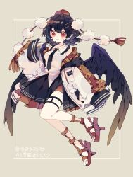 1girl absurdres bare_shoulders black_hair black_necktie black_skirt black_wings breasts collared_shirt commentary frilled_shirt_collar frills full_body geta hair_between_eyes hair_ornament hairclip hat highres jacket long_sleeves medium_breasts necktie nikorashi-ka pointy_ears pom_pom_(clothes) puffy_sleeves red_eyes red_hat shameimaru_aya shirt short_hair side_slit skirt sleeveless sleeveless_shirt smile solo tengu-geta thigh_strap tokin_hat touhou twitter_username white_jacket white_shirt wings