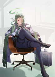 Rule 34 | 1girl, absurdres, black necktie, blue archive, braid, braided hair rings, chest harness, coat, coat on shoulders, dragon print, eyewear on head, green halo, grey coat, hair rings, halo, harness, high-waist pants, highres, lanoyee, mina (blue archive), necktie, pants, pinstripe pattern, solo, striped coat, sunglasses, vertical-striped coat