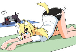 1girl animal_ears ass bad_id bad_pixiv_id bare_legs barefoot blonde_hair blue_eyes capoki cat_ears cat_tail dinergate_(girls&#039;_frontline) exercising fang flying_sweatdrops foot_out_of_frame girls&#039;_frontline hair_ornament hairclip idw_(girls&#039;_frontline) looking_at_viewer medium_hair one_eye_closed open_mouth shirt short_sleeves shorts simple_background solo stretching tail top-down_bottom-up twintails white_background white_shirt yoga_mat