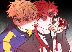 Rule 34 | 2boys, ankko0823, black hair, black jacket, black shirt, blonde hair, blood, blood on face, blood on hands, blood splatter, blue jacket, blush, braid, braided ponytail, chinese knot, collared shirt, hand on another&#039;s face, jacket, jacket on shoulders, long hair, looking at another, male focus, multicolored hair, multiple boys, open mouth, orange eyes, red eyes, red hair, shade, shiguang dailiren, shirt, short hair, single braid, sunglasses, tassel, turtleneck, upper body, white shirt, xia fei, xiao weiying, yaoi