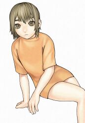 1girl brown_eyes brown_hair expressionless highres kennomou long_shirt looking_at_viewer orange_shirt original shirt short_hair simple_background sitting solo white_background