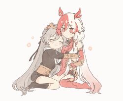 Rule 34 | 2girls, black dress, black ribbon, black shoes, closed eyes, closed mouth, commentary request, dress, fu hua, fu hua (garuda), herrscher of sentience, grey hair, hair ribbon, highres, honkai (series), honkai impact 3rd, hug, kneeling, multicolored hair, multiple girls, red dress, red eyes, red hair, red shoes, ribbon, shoes, sitting, two-tone hair, tya tya 3rd, white hair