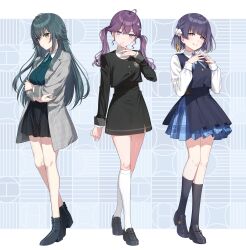 Rule 34 | 3girls, absurdres, ahoge, bare legs, black jacket, black overskirt, black shoes, black skirt, black socks, black vest, blue ribbon, blue skirt, braid, butterfly hair ornament, coat, commentary request, crossed arms, dress shirt, full body, gakuen idolmaster, go-1, gokugetsu academy school uniform, green hair, green shirt, grey coat, hair flaps, hair ornament, hataya misuzu, hatsuboshi gakuen school uniform, highres, idolmaster, jacket, kaya rinha, kneehighs, letterboxed, lineup, loafers, long hair, long sleeves, looking at viewer, multiple girls, neck ribbon, own hands together, purple hair, ribbon, school uniform, shirt, shoes, short hair, skirt, skirt set, smile, socks, steepled fingers, syngup! (idolmaster), tsukimura temari, twintails, very long hair, vest, white shirt, white socks