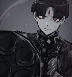 1boy black_hair gatling_gun grey_background highres looking_at_viewer male_focus maruko_gaku minigun parted_bangs red_eyes simple_background solo solo_focus sweat sweatdrop the_hundred_line_-last_defense_academy- upper_body