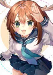 1girl :3 absurdres antlers ascot blue_ascot blue_sailor_collar blue_skirt breasts brown_hair cowboy_shot deer_antlers deer_girl green_eyes highres horns looking_at_viewer miniskirt open_mouth pleated_skirt sailor_collar salute school_uniform serafuku shikanoko_noko shikanoko_nokonoko_koshitantan shirt skirt smile solo tactoki white_shirt