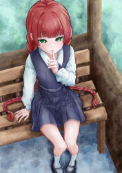 1girl ahoge bare_legs belt bench black_shoes blue_dress blunt_bangs braid commentary day dress finger_to_mouth full_body green_eyes highres kimi_no_koto_ga_dai_dai_dai_dai_daisuki_na_100-nin_no_kanojo light_blush long_braid long_hair long_sleeves looking_at_viewer low_twin_braids mary_janes outdoors parted_lips pinafore_dress puffy_long_sleeves puffy_sleeves red_hair school_uniform shirt shoes shushing sitting sleeveless sleeveless_dress smile socks solo tomohiro_(tomohiro_r36aby) twin_braids very_long_hair white_shirt white_socks yakuzen_yaku