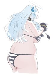 Rule 34 | 1girl, artist request, ass, back, bikini, blue hair, bracelet, breasts, detached collar, doubliel, from side, halo, highres, horns, jewelry, large breasts, long hair, mahjong fight girl, muffin top, plump, sameno (samesame73saba), solo, standing, striped bikini, striped clothes, swimsuit, white background