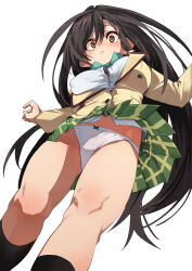 Rule 34 | 1girl, black hair, blush, breasts, closed mouth, commentary request, from below, fu-ta, green skirt, highres, kotegawa yui, large breasts, long hair, long sleeves, looking at viewer, orange eyes, panties, plaid clothes, plaid skirt, school uniform, shirt, simple background, skirt, solo, thighs, to love-ru, underwear, white background, white panties, white shirt