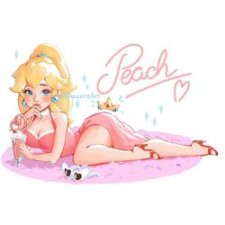 Rule 34 | 1girl, ass, azeensart, blonde hair, blue eyes, blush, breasts, cream, crown, dress, food, ice cream, large breasts, long hair, lying, mario (series), nintendo, ponytail, princess peach, sunglasses