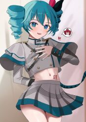 1girl alternate_costume alternate_hairstyle aqua_eyes aqua_hair aqua_nails arm_behind_back black_ribbon buttons cosplay costume_switch double-breasted drill_hair grey_jacket grey_skirt hair_ribbon hatsune_miku highres jacket kasane_teto kasane_teto_(cosplay) looking_at_another makadania midriff nail_polish navel number_tattoo pleated_skirt red_hair red_ribbon ribbon signature skirt smile solo speech_bubble standing stomach_tattoo synthesizer_v tattoo twin_drills utau vocaloid
