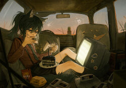 1girl absurdres animal_ears arknights black_shorts black_socks broken_window bullet_hole cactus cake cake_slice car_interior chinese_commentary collared_shirt commentary_request controller crt deatiose evening food from_side game_cartridge game_console green_necktie hand_up highres holding holding_controller licking_own_finger long_sleeves looking_at_food necktie object_on_lap outstretched_legs plant playing_games pocky ponytail potted_plant red_shirt shirt shorts sitting socks soda_bottle solo suspender_shorts suspenders tail texas_(arknights) texas_(willpower)_(arknights) video_game wolf_ears wolf_girl wolf_tail yellow_eyes